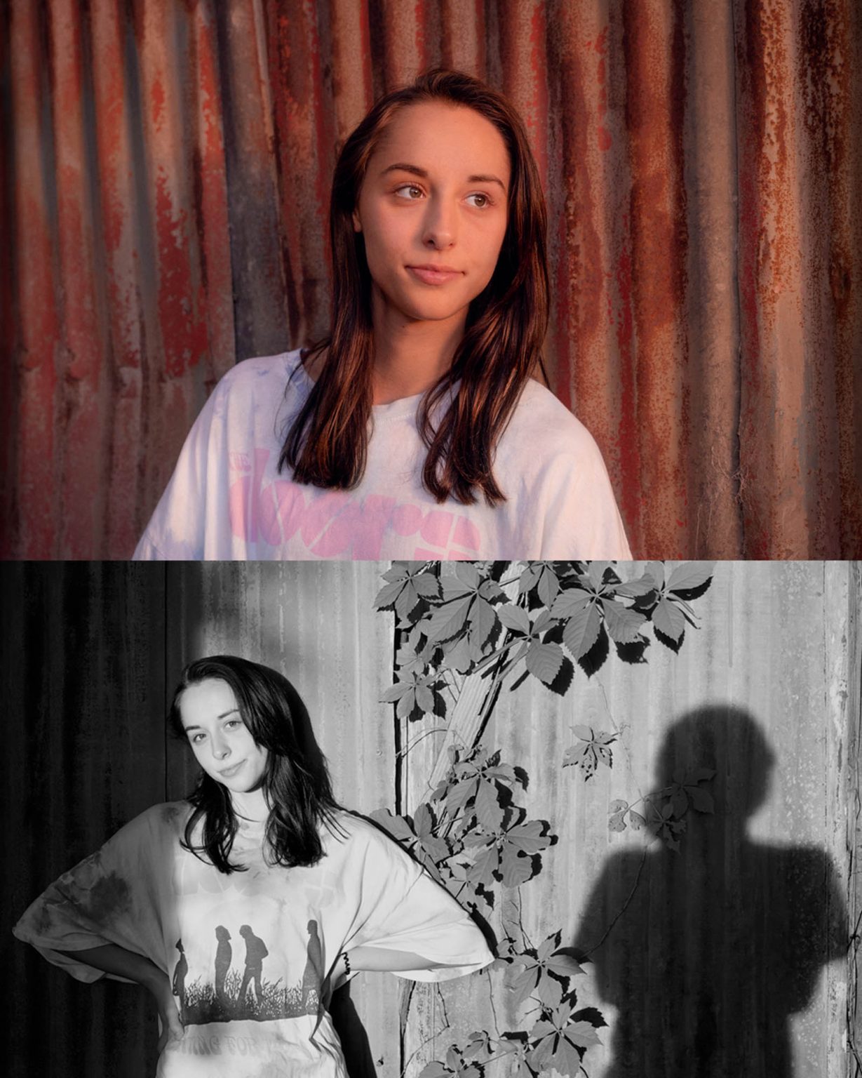 Portrait with shadow of the photographer against the wall she stands in posed in front