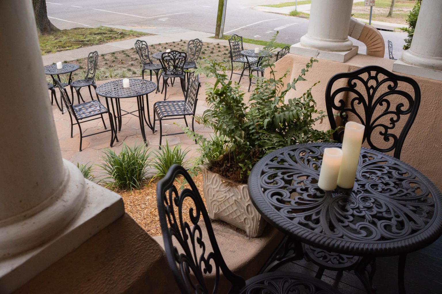 Porch and exterior outdoor seating at hotel