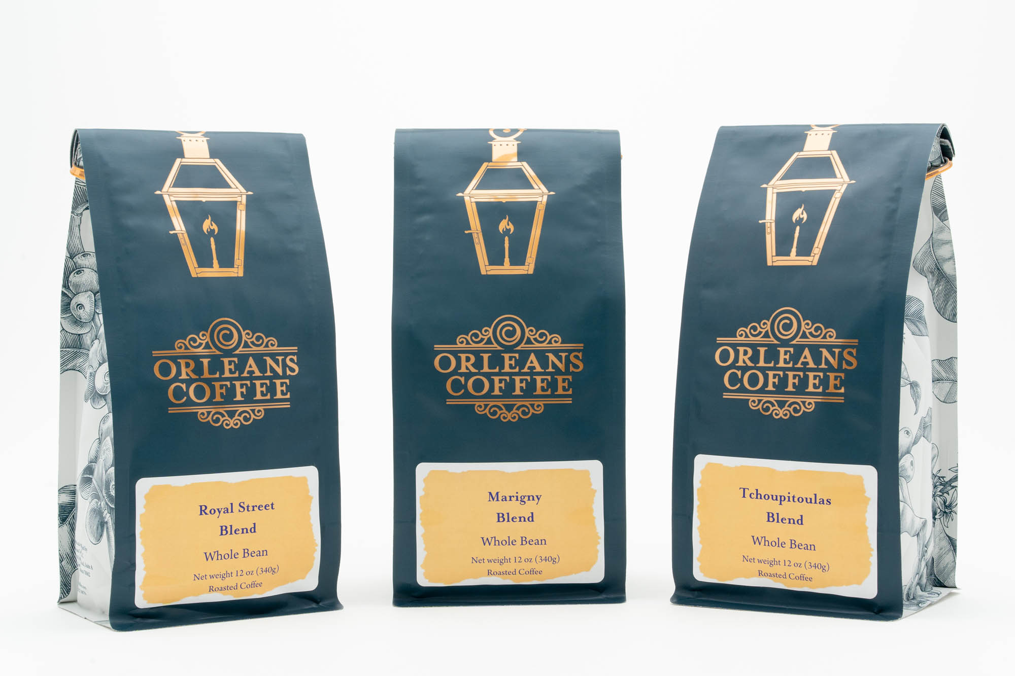 Three Orleans coffee bags different flavors