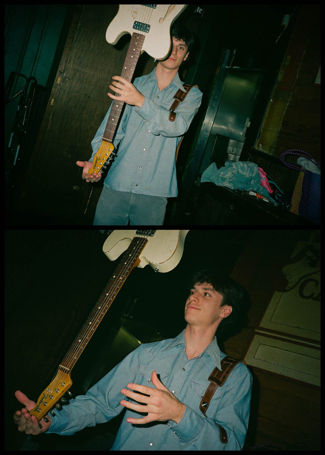 Balancing guitar on hand after his show at the Carrollton Station in New Orleans