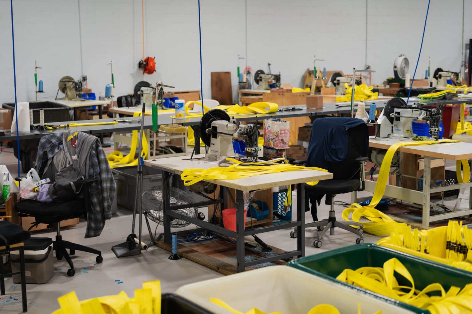 Sewing machines in large facility used primarily for creating flat web slings