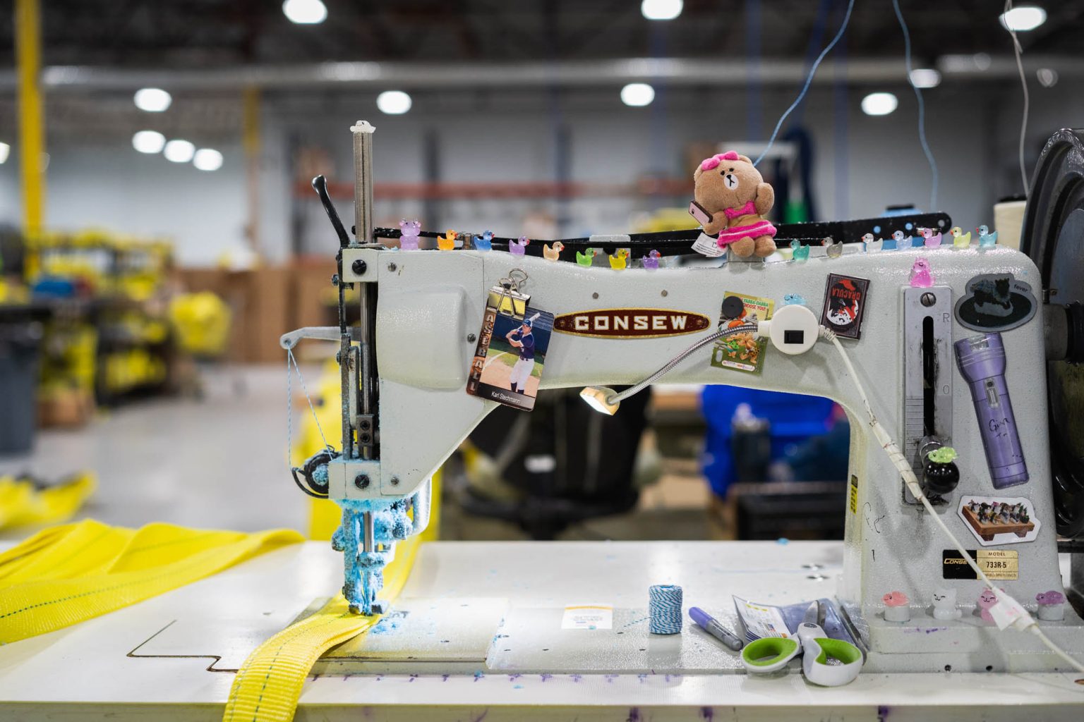 Consew sewing machine in large facility with little plastic ducks and other decor