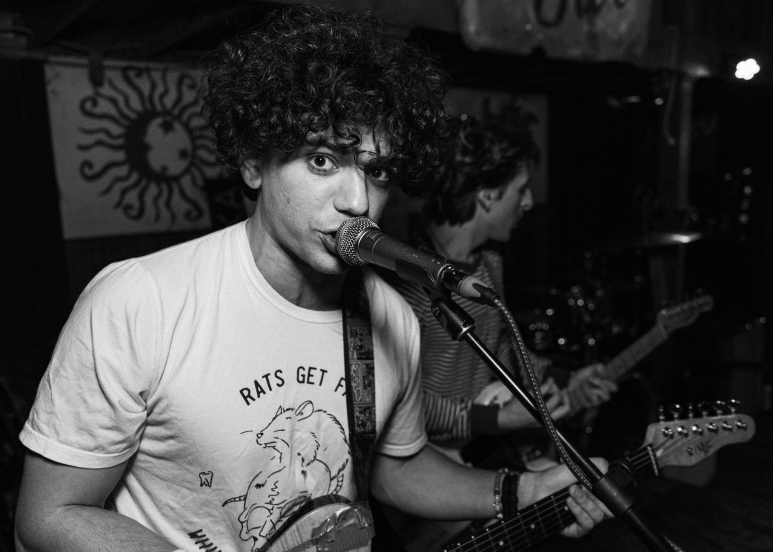 Lead singer with microphone and guitar on stage with fellow guitarist